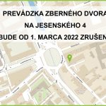 DÔLEŽITÁ INFORMÁCIA. Prevádzka zberného dvora na Jesenského ulici bude ZRUŠENÁ od 1.marca 2022. Posledný príjem odpadu od obyvateľov prebehne v sobotu, 19. februára 2022. Všetkým obyvateľom, ktorí služby zberného dvora na Jesenského ulici využívali prosíme od pondelka 21.2. navštevovať niektorú z ďalších funkčných prevádzok: Magnezitárska 11 Pri bitúnku 11 Popradská Napájadlá 17/A Železiarenská 49  