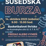 Po úspechu premiérovej júnovej Susedskej burzy na sídlisku Kuzmányho chystáme jesennú edíciu. Kedy? V sobotu 14. októbra 2023 od 9. do cca 14. hod Kde? Na basketbalovom ihrisku na Kuzmányho ulici 5,7 V príjemnej susedskej atmosfére môžete podebatovať so susedmi, predať, vymeniť alebo darovať na charitu ešte užitočné veci, ktoré už nepotrebujete, ale aj výhodne […]